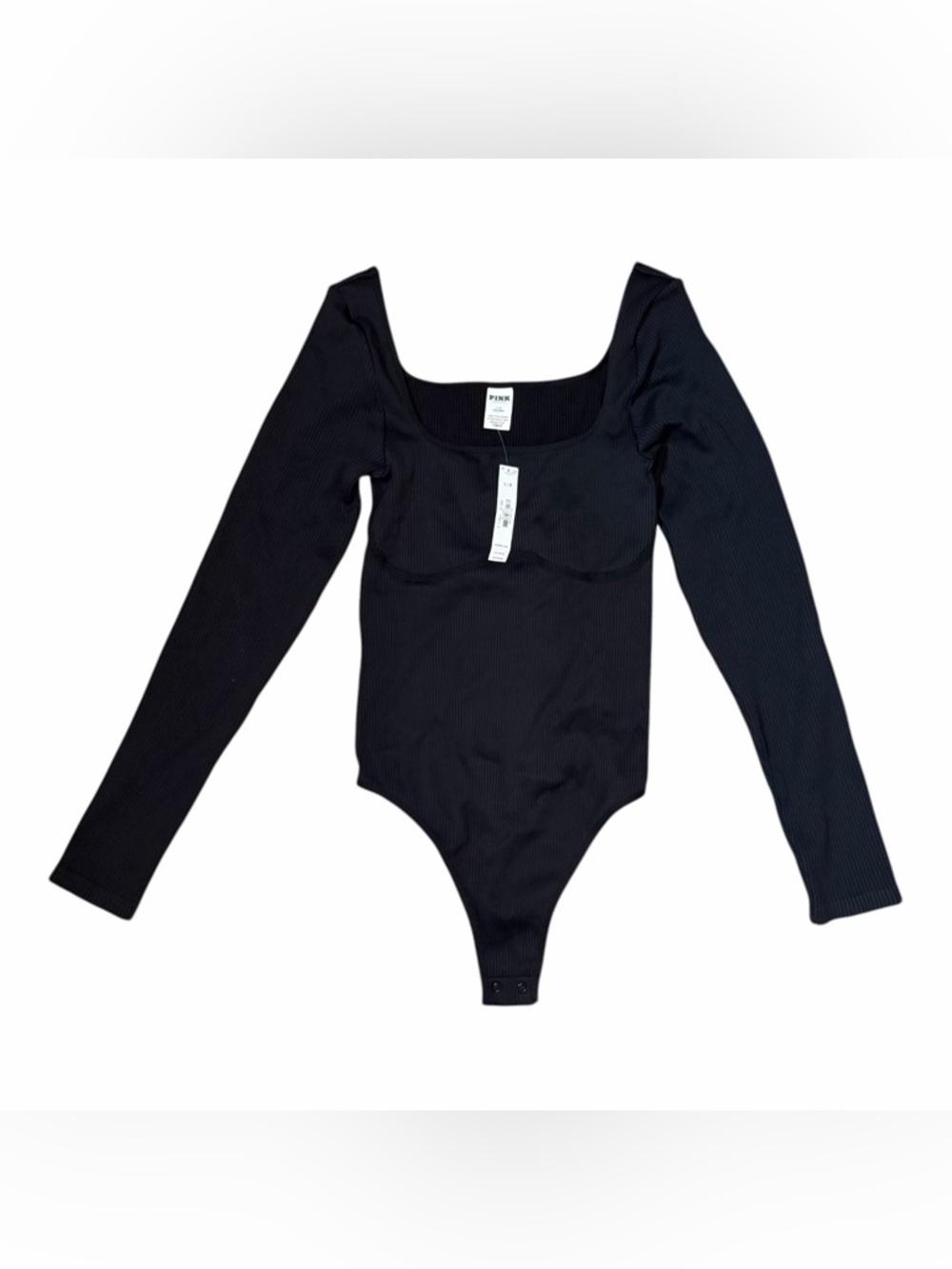 Victorias Secret PINK Long Sleeve Body Suit NWT Ribbed Square Neck Black Thong